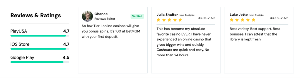 User review example from PlayUSA's online. casino reviews